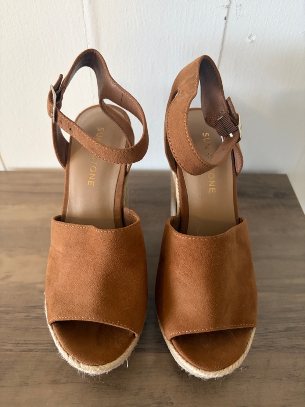 Sun + Stone Tan Suede Espadrille Wedge Sandals - Cognac